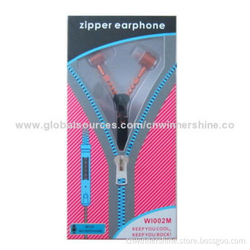 Earphones for iPhone, iPad with Fashionable Metallic Zipper, 3.5mm Plug, Super Bass/Tangle-free, OEM